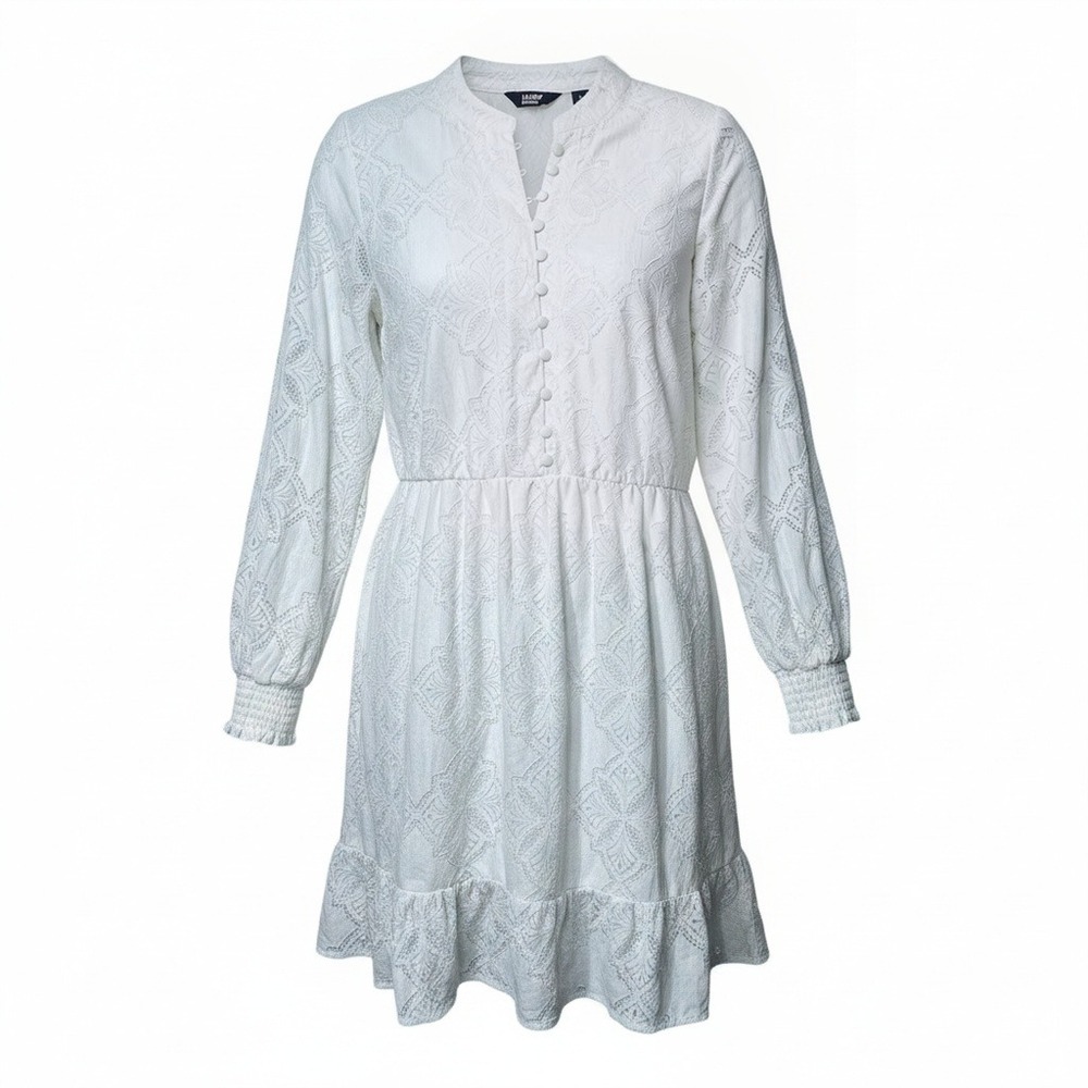 Lands End Lace Dress Womens Large 14-16 White Long Sleeve Boho Cottagecore Mini